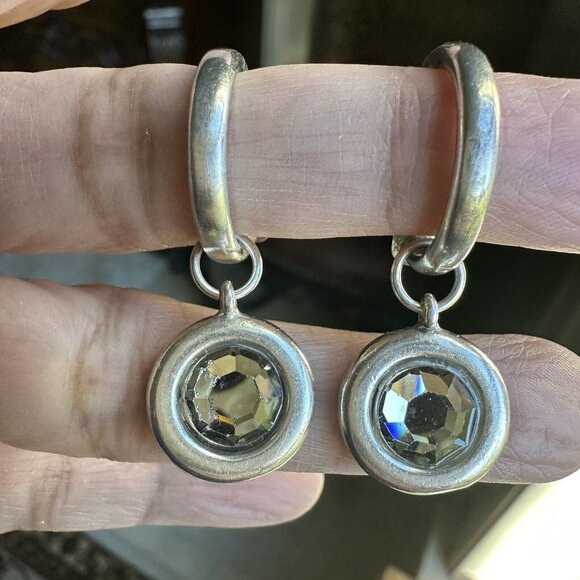 Artisan Crafted Jewelry - VTG Post Hoop Earrings 1.5"‎ Disc Dangle Rhinestones Accents 925 Sterling 10.9g